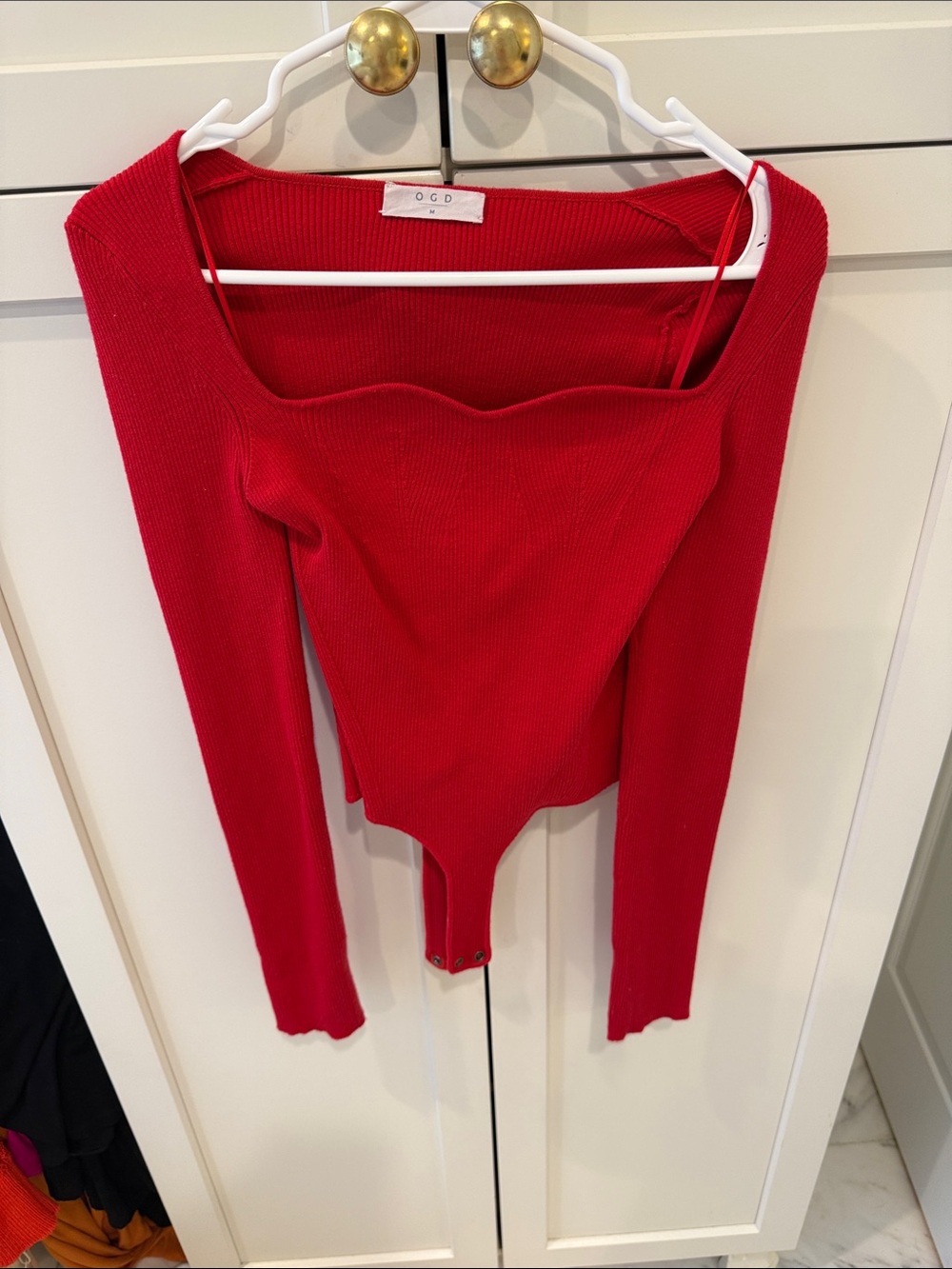 Red Ribbed Long-Sleeve Bodysuit